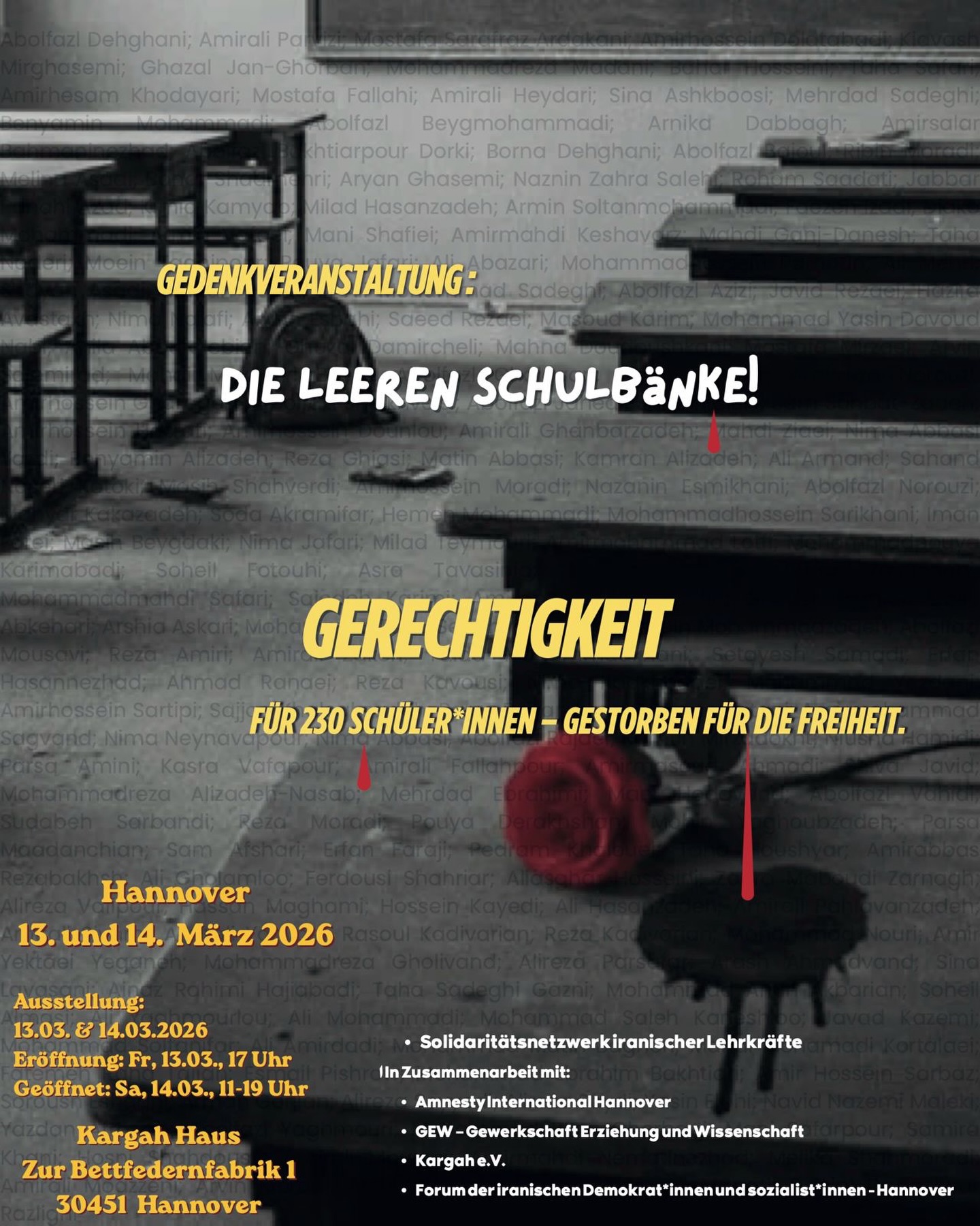 Gedenkveranstaltung. Die leeren Schulbänke!